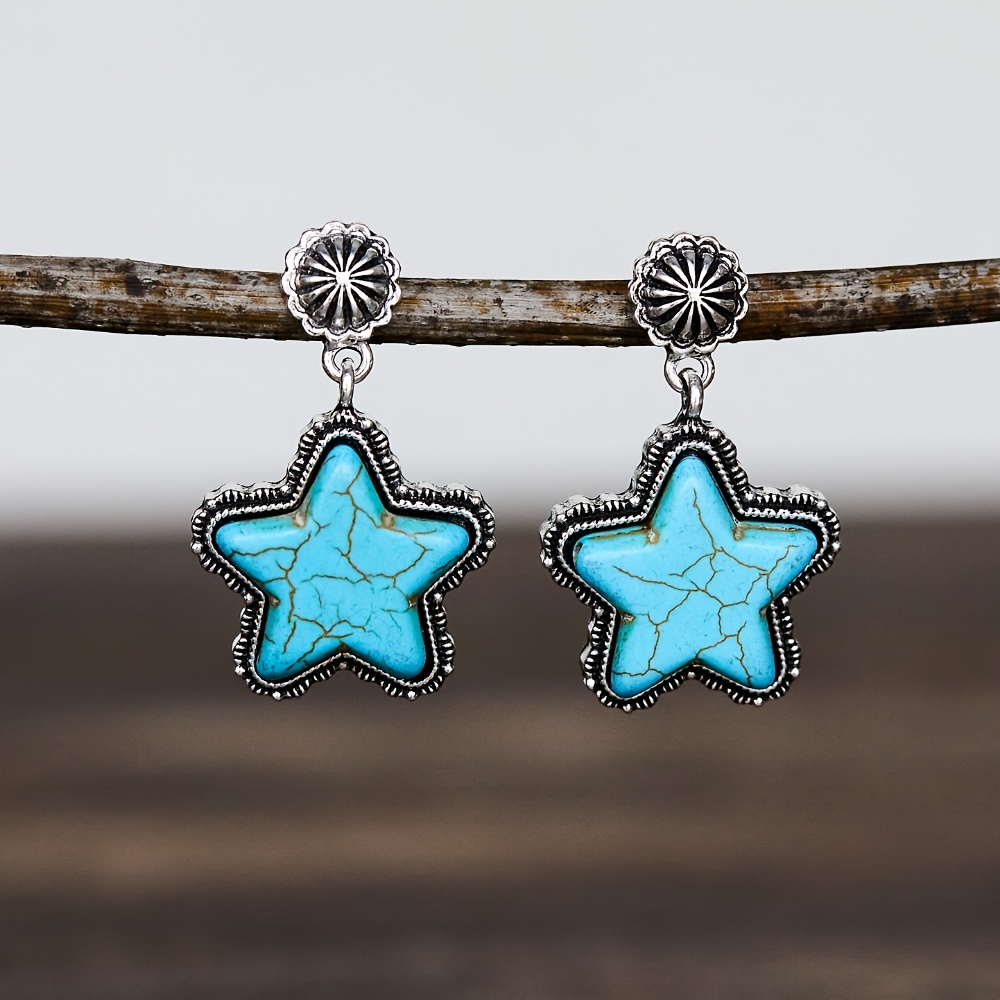 TEMU Nouvelles boucles d'oreilles avec pendentif en turquoise synthétique incrustée d'étoile, élégantes et charmantes pour un usage