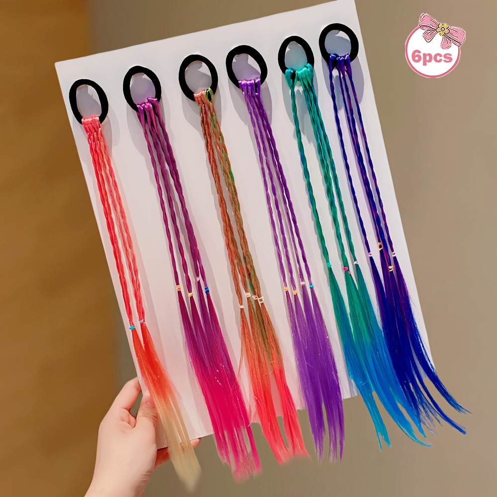 E-shop 6/16 Stk. Haargummis Perücken in zufälligen Farben, bunte geflochtene Haaraccessoires für sofort coole Frisuren, mehrfarbige schillernde Zöpfe,