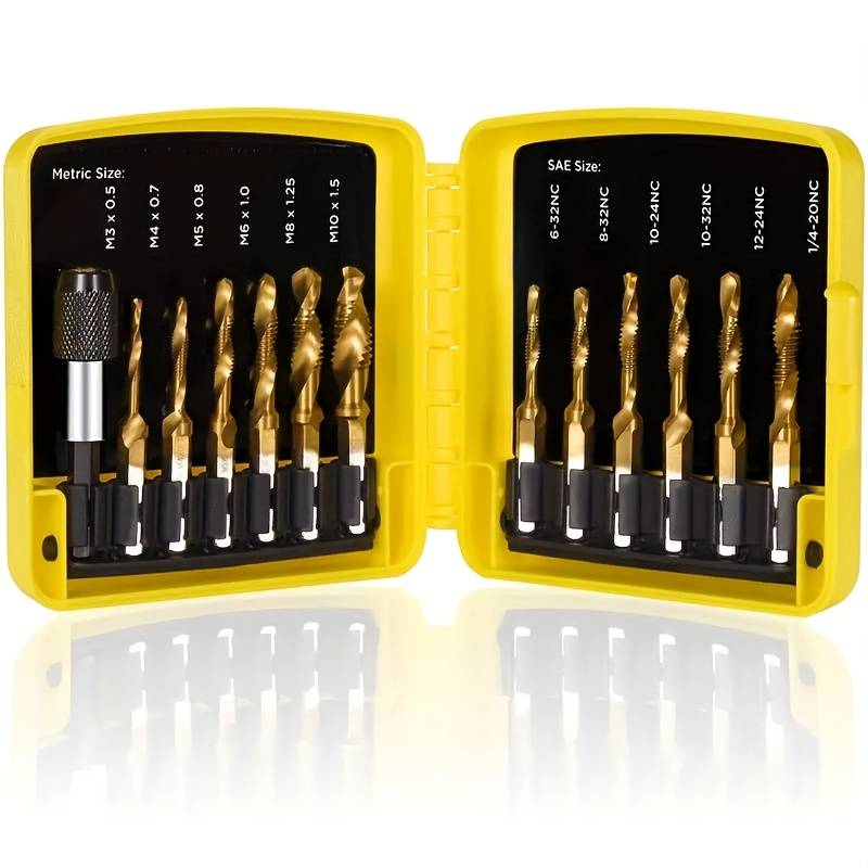 Tap Bit Set 6-Piece Titanium Drill & Tap Set - 3-in-1 SAE Bits For Drilling, Tapping & Deburring (6-32NC To 1/4-20NC) Drill And Tap Set
