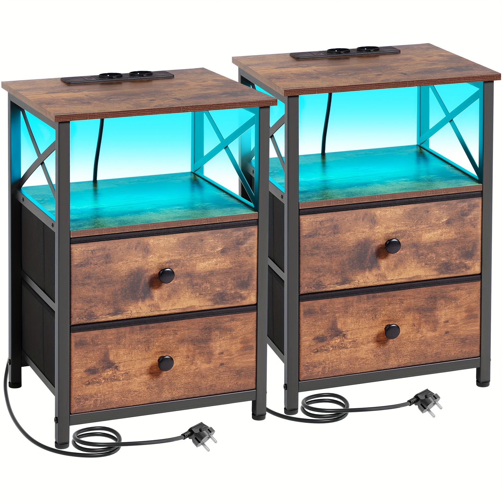 Image of Amhancible Nightstand Set 1/2pcs Set, Led Nightstand With Charging Stand, Side Table With Usb Ports And Sockets, Nightstand With 2 Fabric Drawers For Bedroom, Living Room, Sofa Side Table, Nightstand