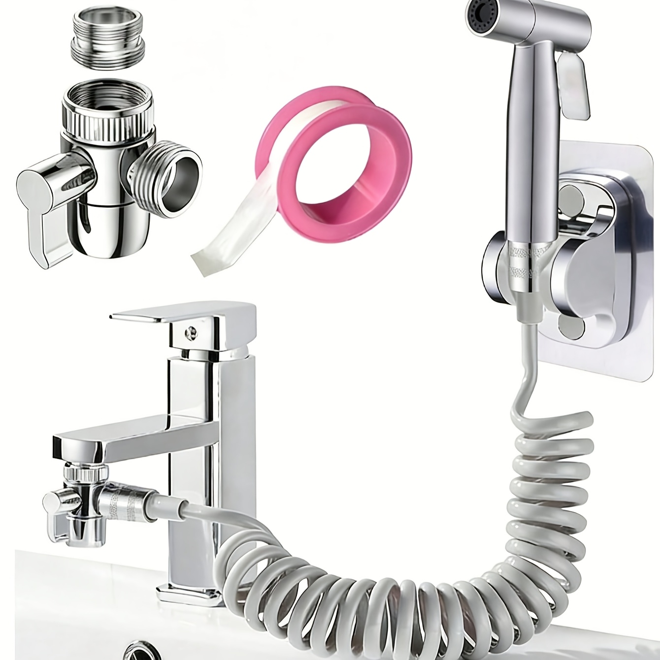 Image of Handheld Silvery 5pcs Shower Set, Heavy-duty Wall-mounted Shower Kit, Includes 1.5m Hose And Toilet Bidet Spray Gun/material Belt, Equipped With Adjustable Wall-mounted Showerhead Bracket