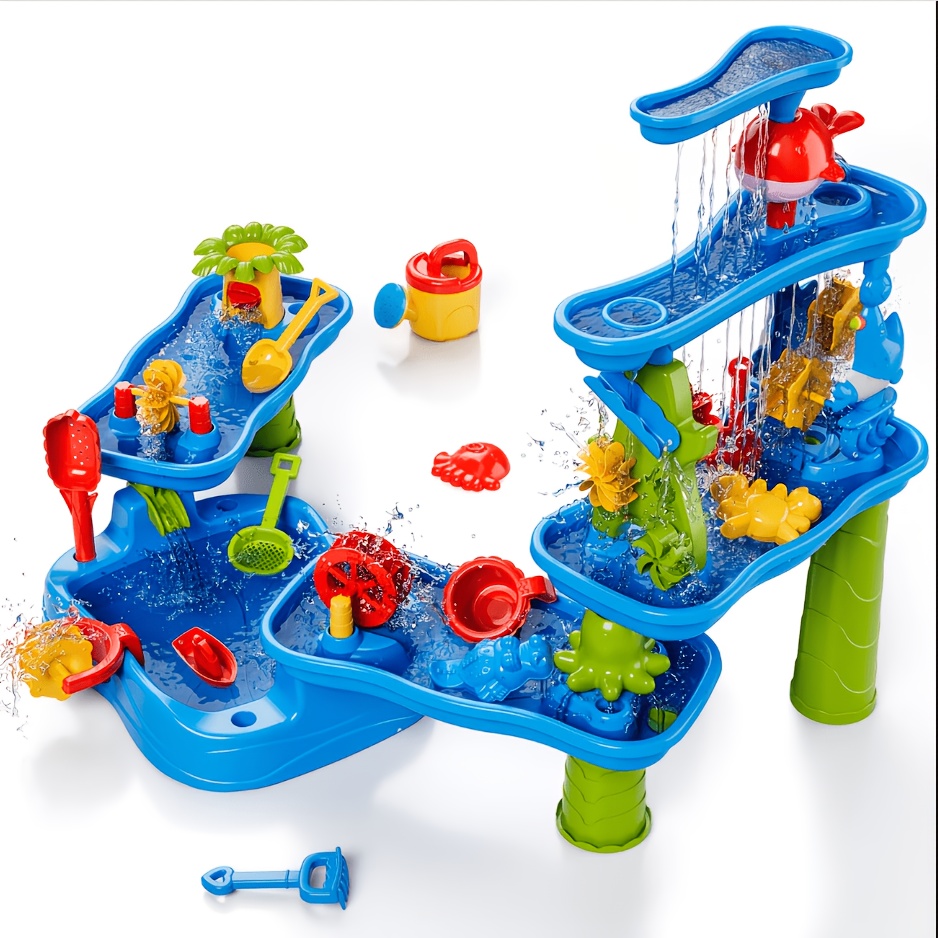 TEMU 5-tier Sand Water Table For Baby Kids, 6-in-1 Durable Sandbox Toy With Shovels & Buckets, Outdoor Summer Fun Acticity Educational Toy,