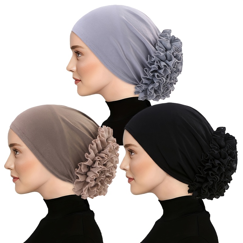 TEMU 3pcs Set Of Chiffon Large Floral Headscarf Hats, Hair Loss Headwear, Ethnic Turban