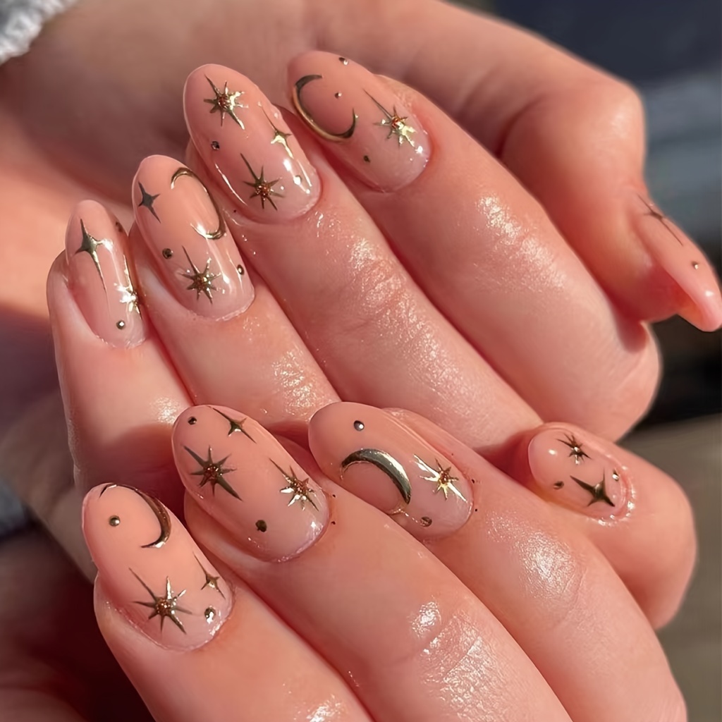 48pcs set nude pinkish gradient medium oval shaped press on nails with moon and star pattern design glossy medium square shape black french fake nails decorated with heart pattern glossy acrylic nails for women girls 24pcs jelly tabs included details 0