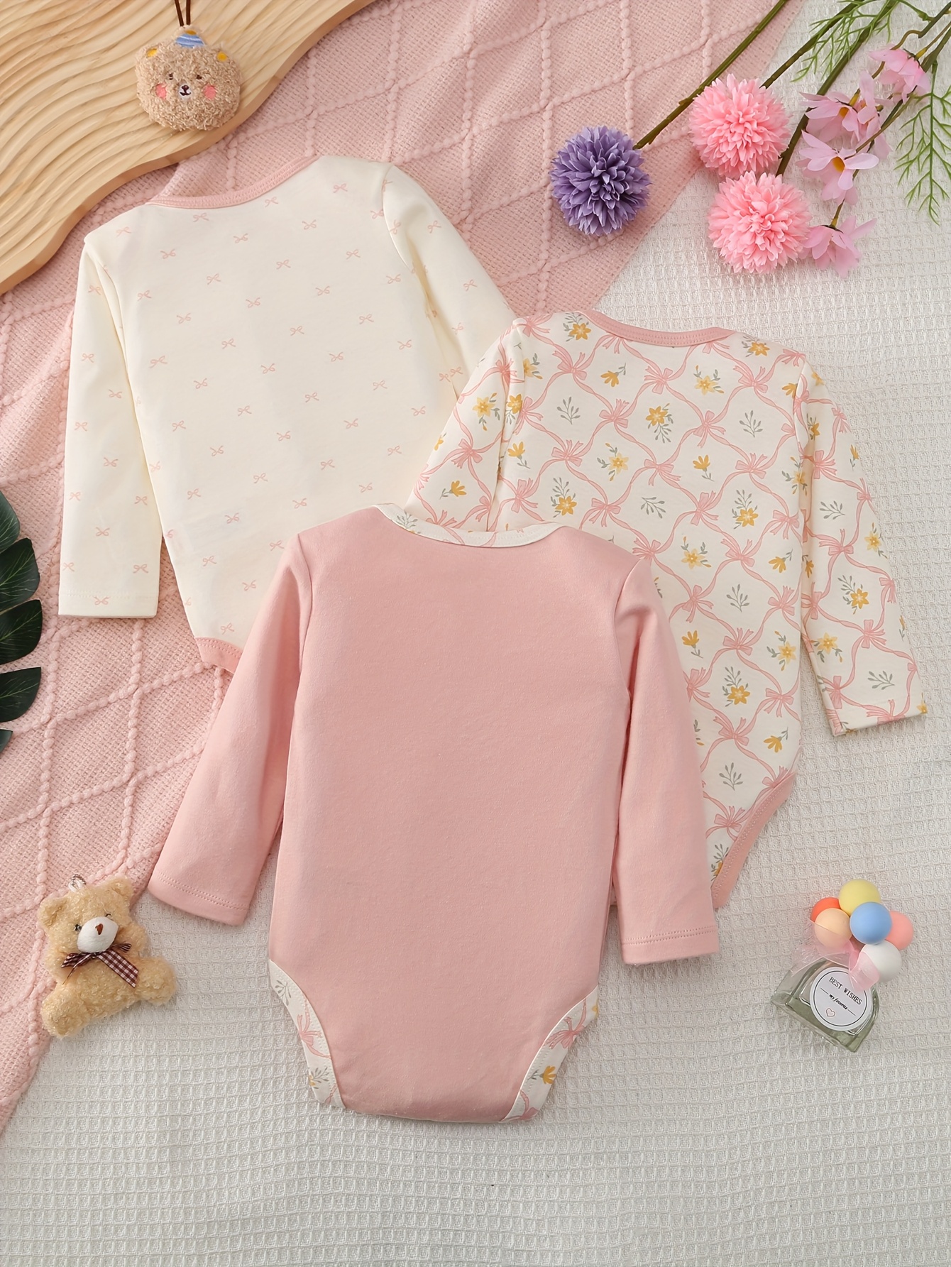 3pcs Girls' Long Sleeve Cartoon Bear Bodysuits Set