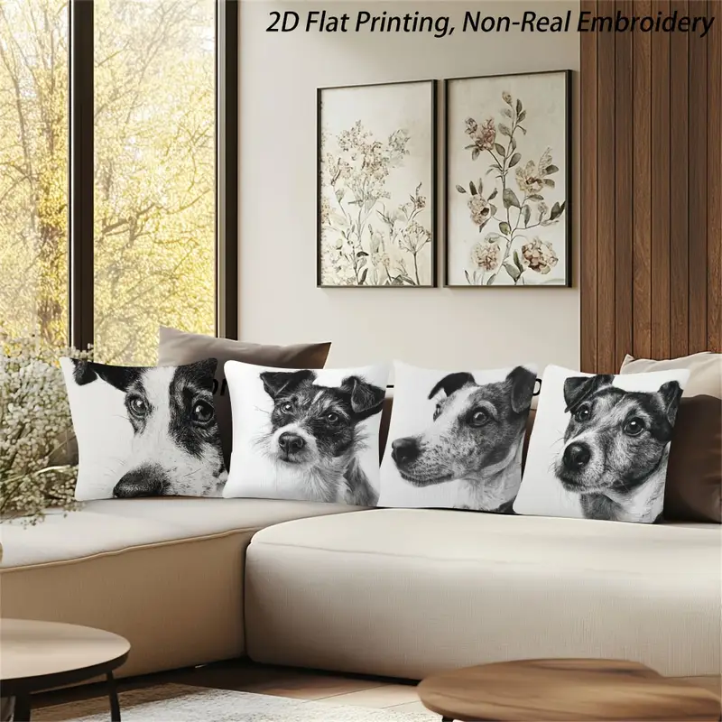 4pcs black and white terrier dog sketch throw pillow covers 2d flat printed realistic puppy adult cushion covers double sided luxury sofa room bedroom decor zipper closure machine washable no inserts home decor contemporary design print durable fabric decorative pillows pet lovers 2d flat Product details 1