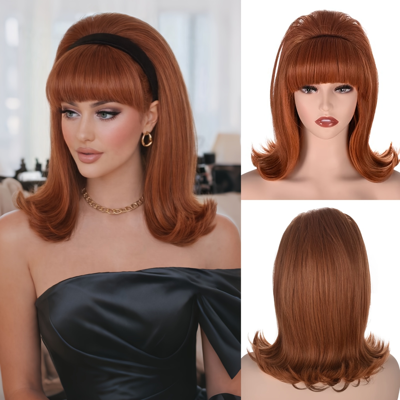 TEMU Short Retro Wig With Bangs For Women 50s 60s Bouffant Beehive Wigs Shoulder Length Synthetic Fiber Wig For Halloween Costume Wigs Daily Use (12