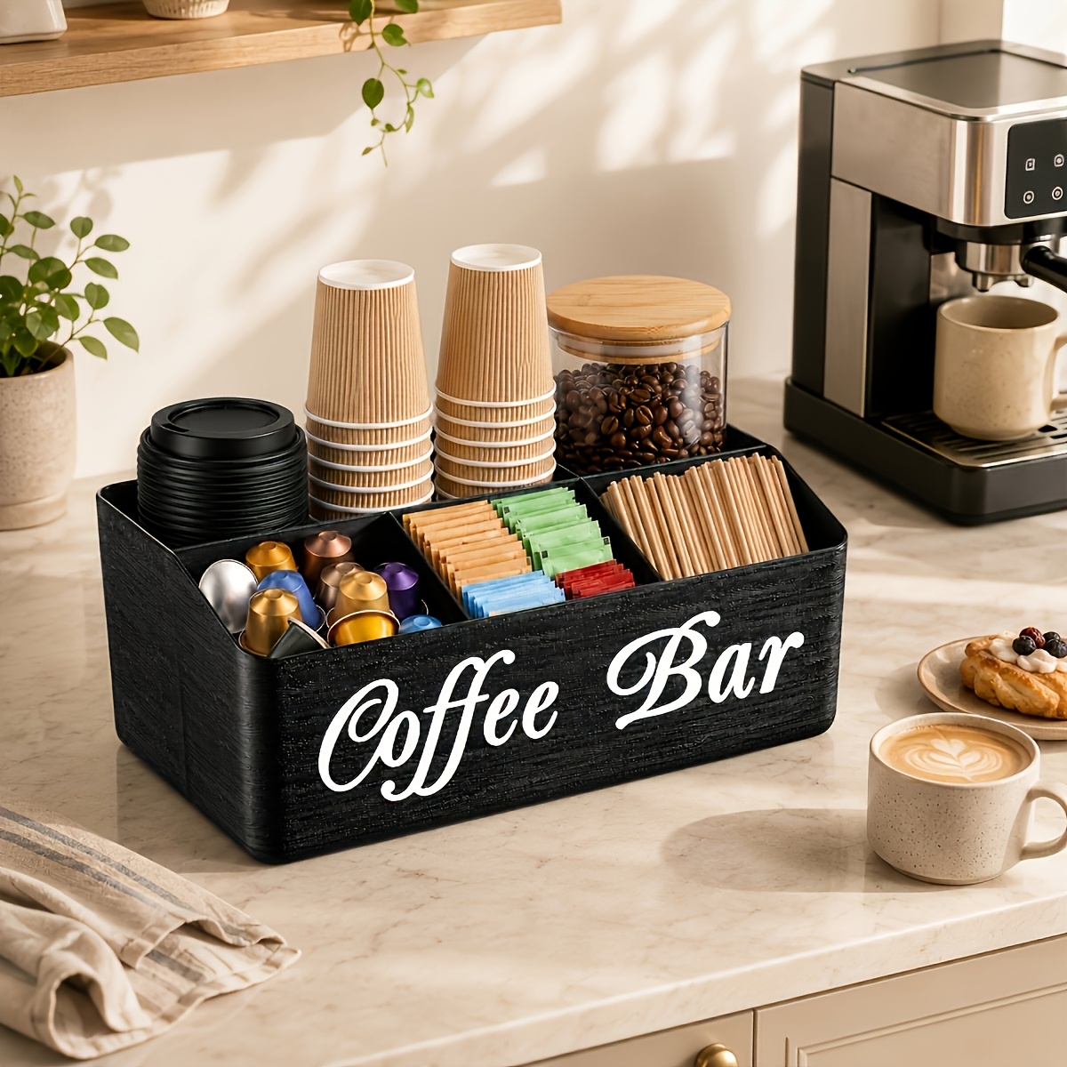 TEMU Organisateur de bar à café rustique 1 pièce, porte-dosettes de café de comptoir, boîte de rangement de bureau pour café et thé, panier à