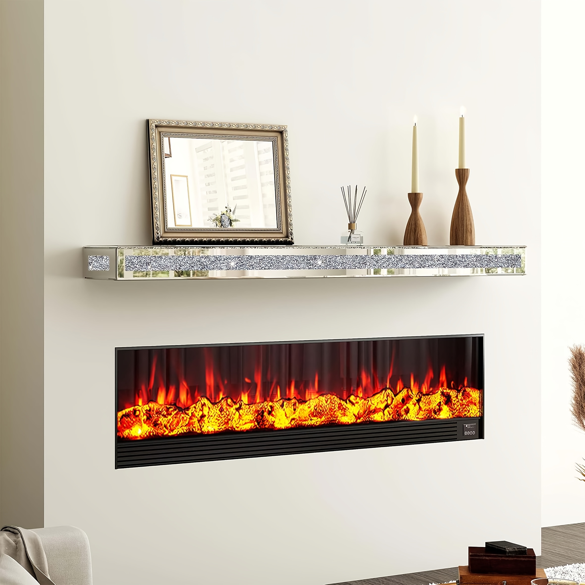 fireplace mantel mirror glass floating shelf for above fireplace and under tv   crystal crushed diamond floating shelf suitable for living room bedroom kitchen silvery