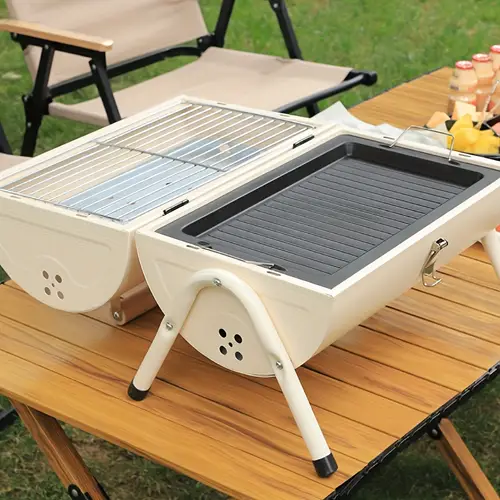 1pc portable charcoal grill compact outdoor tabletop bbq with dual sided grilling rack sturdy construction for stew roast fry ideal for beach rv travel garden parties valentines day black white