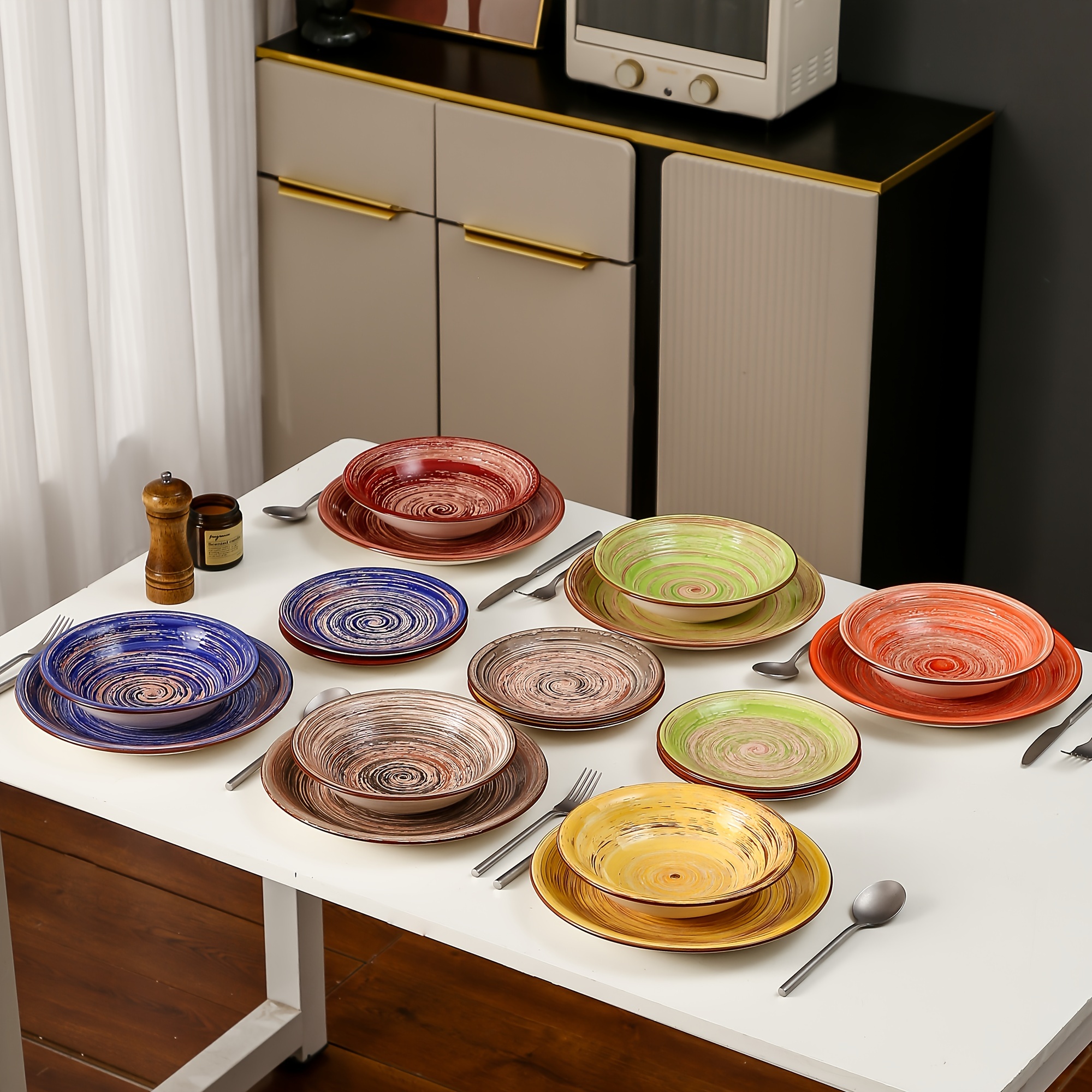 Stoneware Dinnerware Set Handpainted Tableware, 18-Piece Multicolour  Ceramic Combination Set With Dinner Plate/Dessert Plate/Soup Bowl, Rustic  Chic St