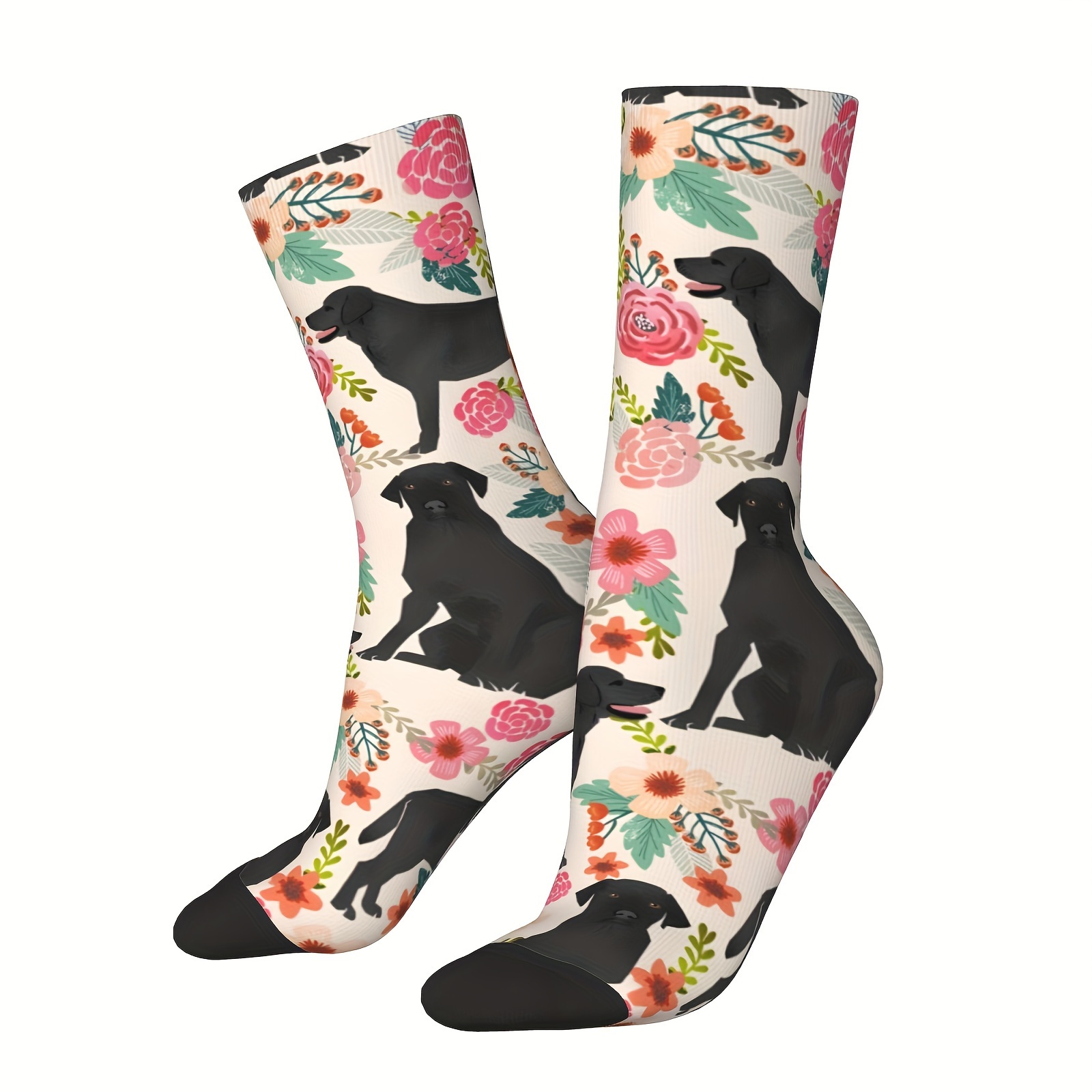 

Black Labrador Florals Pattern Sock For Men - Hip Hop Harajuku Happy Seamless Pattern Printed Crew Sock - Casual Gift - New Arrival