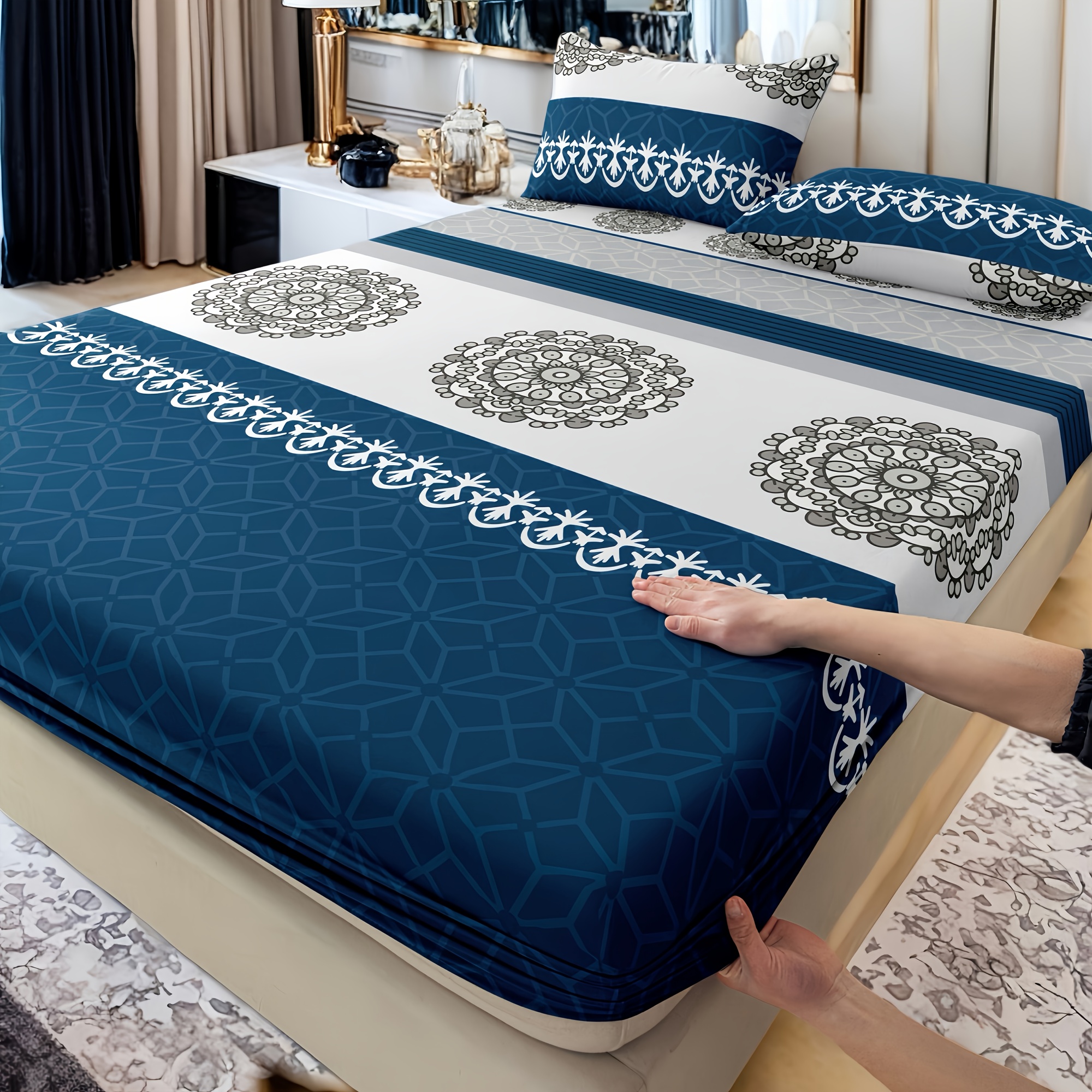 TEMU 3pcs Set Navy Blue Floral / 2 Pillowcases / 1 Fitted Sheet / Twin Bed / Full Bed / Queen Bed / King Bed - Soft And Skin-friendly / Easy To Care For - , Fits Mattress / Suitable For All