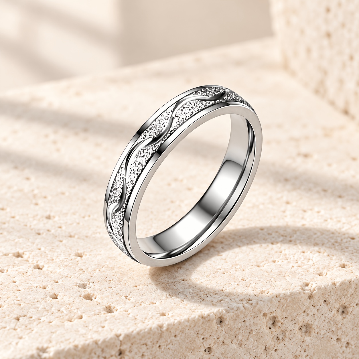 Women's 304 Stainless Steel Slim Band Ring, Engraved Wave Pattern