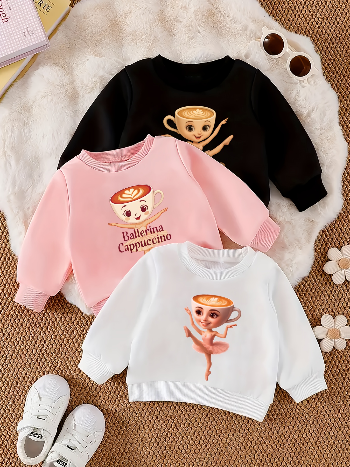 3 peças, tema Italian Brainrot de   popular, estampa Ballerina Cappuccino em inglês, combinação de   cores  , rosa e  , camisola de   comprida para raparigas, ideal para  , outono e inverno ao ar livre | Estilo casual   para   | Roupa de malha   e confortável