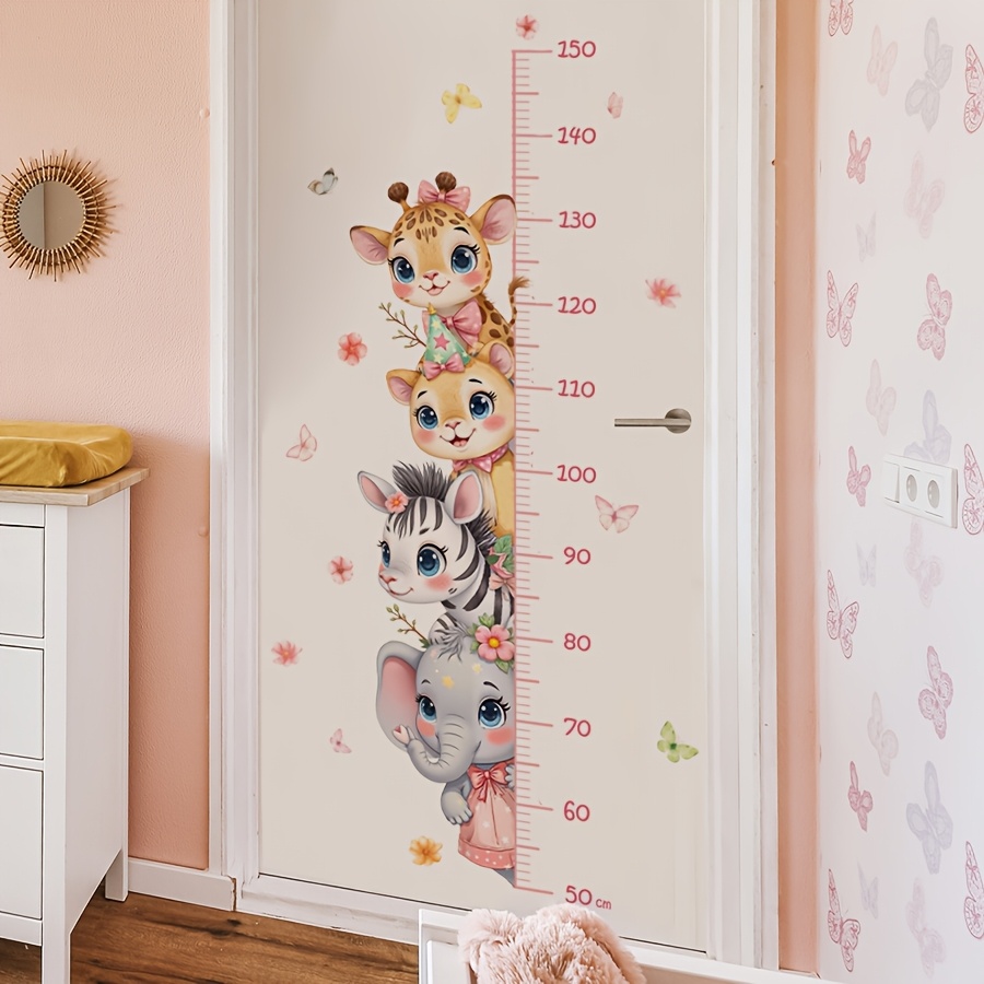 Image of Adhesive Pvc Wall Sticker Featuring Adorable Watercolor Animals In Pink, Perfect For Measuring Height In A Room, Room, Bedroom, Living Room, Or Nursery, School Decoration, School Decor