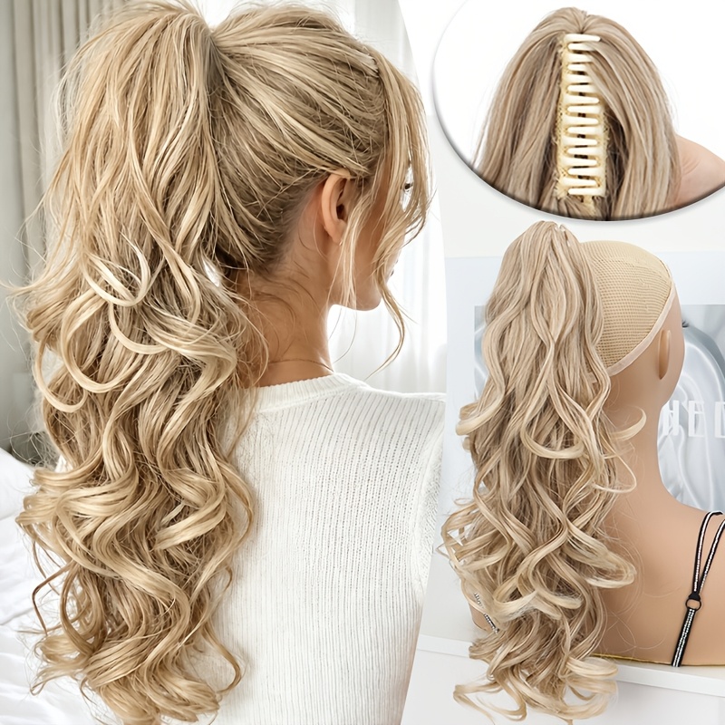 TEMU Extension de queue de cheval ondulée multi-couches avec pince à griffes, cheveux synthétiques et anti-nœuds avec des touches dorées et marron,