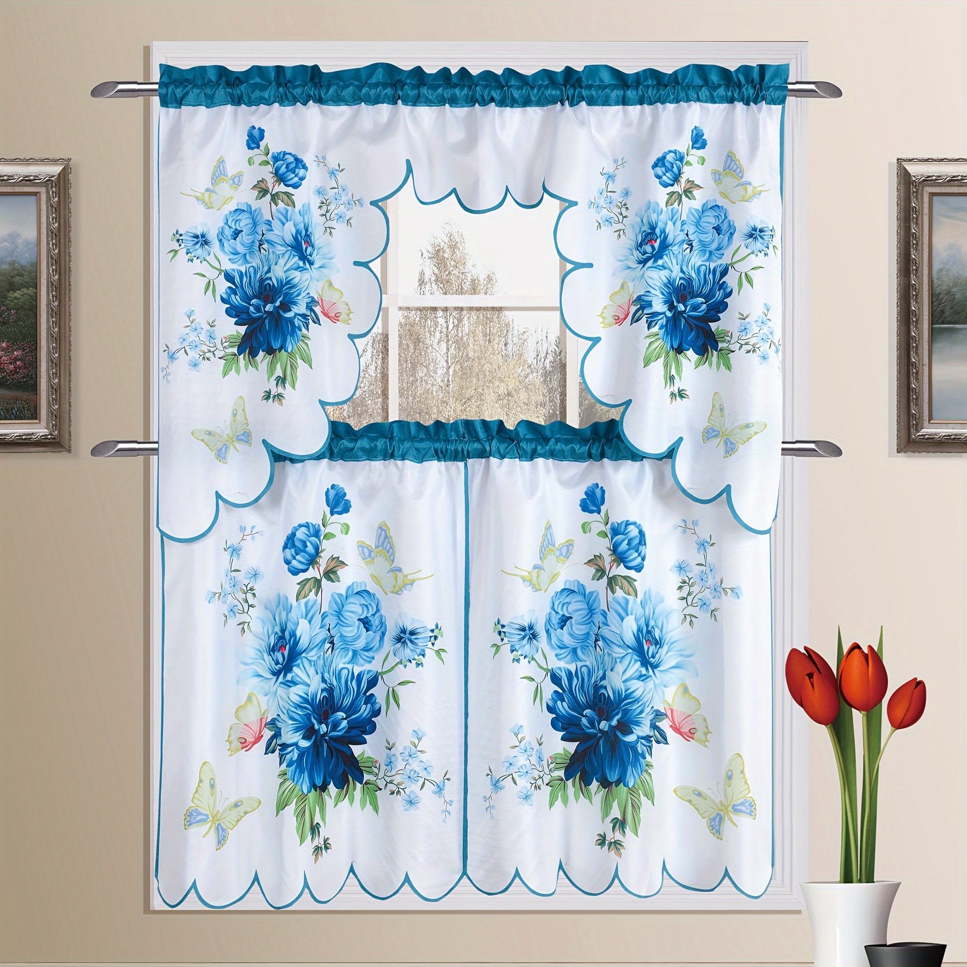 

3pcs/set Floral Prints Small Curtain Tiers, Light-blocking Tiered Cafe Curtain Valance, Decorative Short Window Drapes For Party, Gifts, Kitchen, Office, Bedroom, Home Decoration