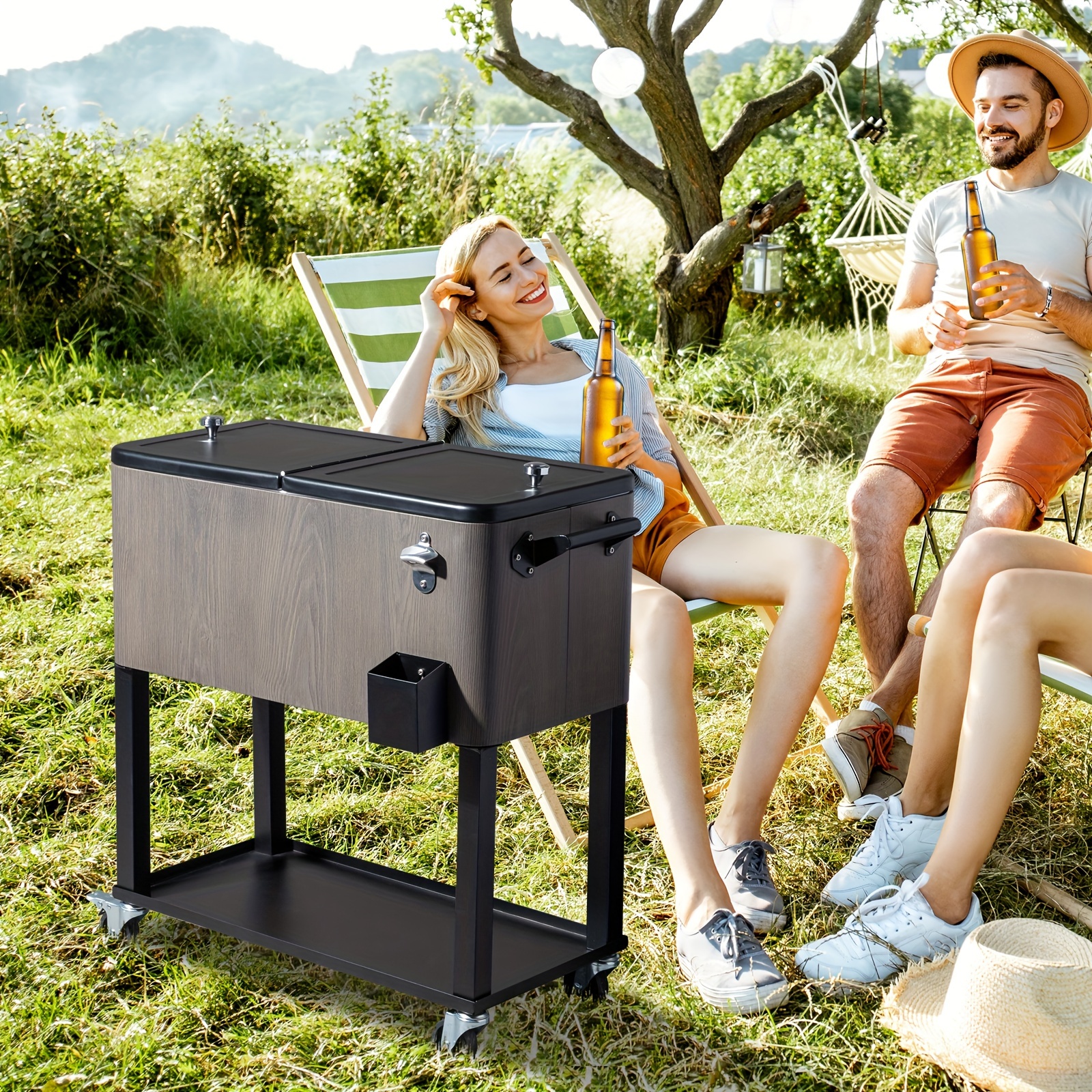 Commercial-Grade Outdoor Grey Wood-Grain Insulated Cooler Cart - Ice Retention for Up to 48 Hours - For Market Stalls & Camping - Durable & Spacious - Ideal Gift for Outdoor Enthusiasts