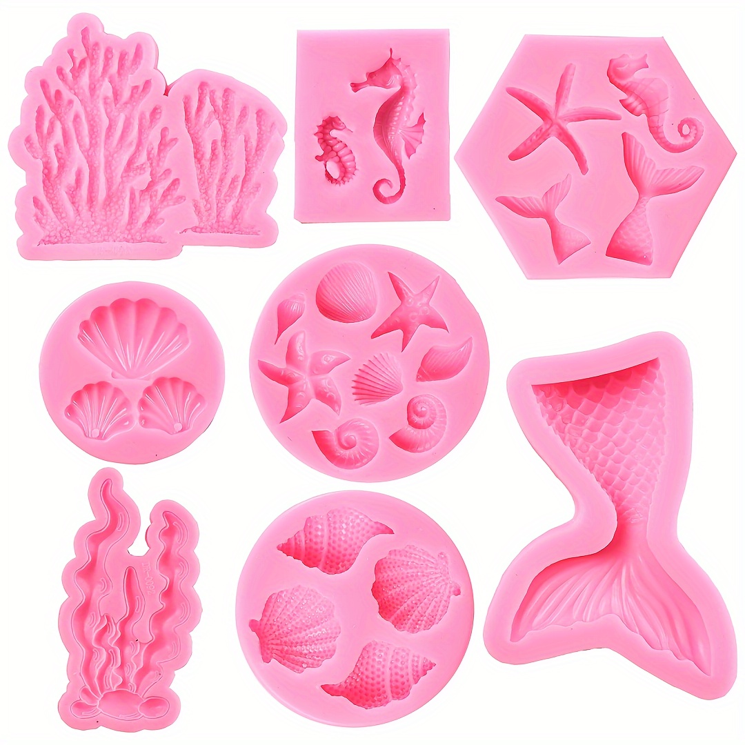 

8pcs Mermaid Theme Mermaid, Shell, Seaweed, Coral Silicone Mold For Cupcake Topper Candy, Chocolate, Fondant Cake Baking Mold, Polymer Clay, Craft Plaster Ornament Making