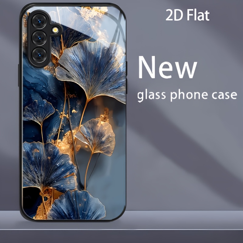 TEMU Phone Case: 2d Flat Beautiful Flower Tempered Glass Black Phone Case For Galaxy S25 S24 S23 S22 S21 S20 Fe , Suitable For Galaxy A73 A72 A56 A55