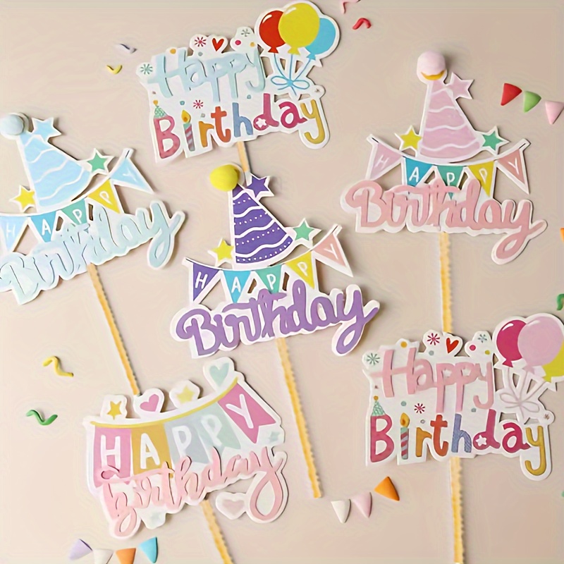 50pcs happy birthday cartoon cupcake toppers multicolor balloons and hats cake toppers cake dessert decoration for baby shower cake supplies boys girls birthday party decoration