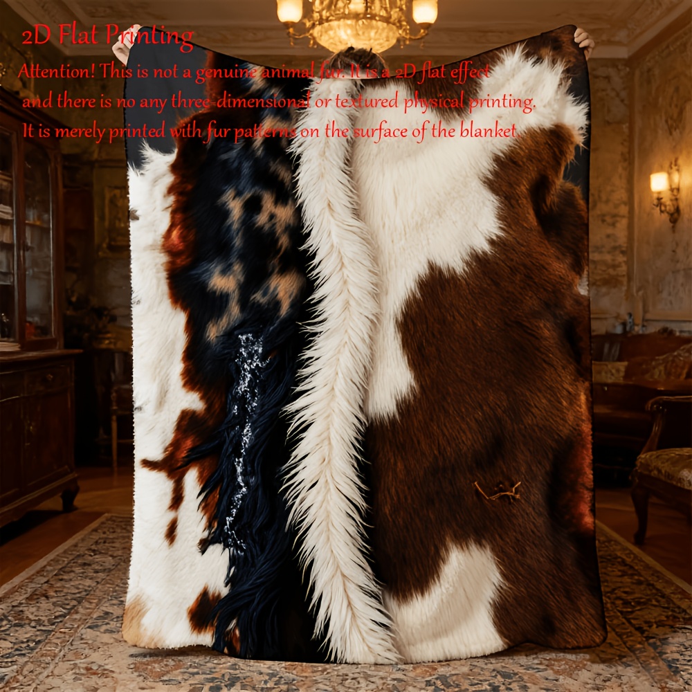 TEMU Western Leather Texture Printed Velvet Blanket, [2d] Faux Animal Texture Plush Throw Blanket, Suitable For Sofa And Bed, Vintage Farmhouse Home