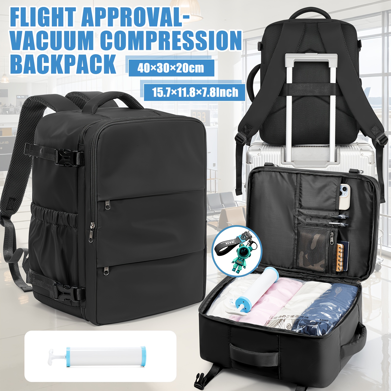 TEMU Backpack Laptop Bag 40x30x20cm Vacuum Seal Travel Backpack, Hand Pump For Quick Air Removal, Airline Approved Carry On Backpack, Expandable