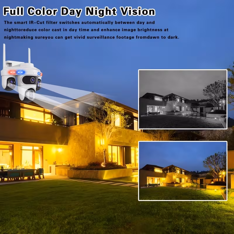 caméra de sécurité extérieure intelligente wifi 7 objectifs 4 écrans avec zoom 10x ptz, détection ai, alertes de lumière rouge/bleue, surveillance 24/7, vision couleur h.265+ full, automatique, carte sd et stockage cloud, application multi- , 110v/220v, audio bidirectionnel, montage au plafond, résolution 5mp, prise européenne, caméras de sécurité , surveillance, sécurité moderne, enregistrement haute résolution Détails du produit 4