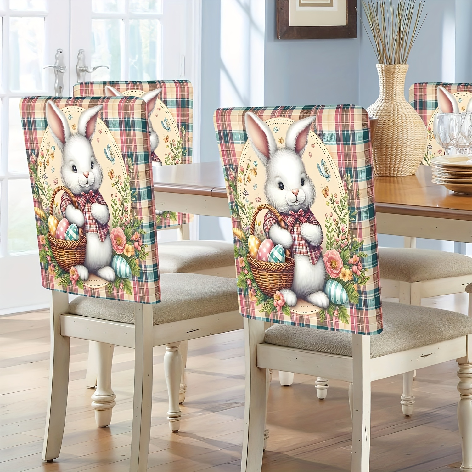 

4/6 housses de chaise courtes en peluche amovibles et lavables avec motif de lapin de Pâques, adaptées aux restaurants, hôtels, cérémonies et décorations festives, parfaites cadeaux de Pâques.