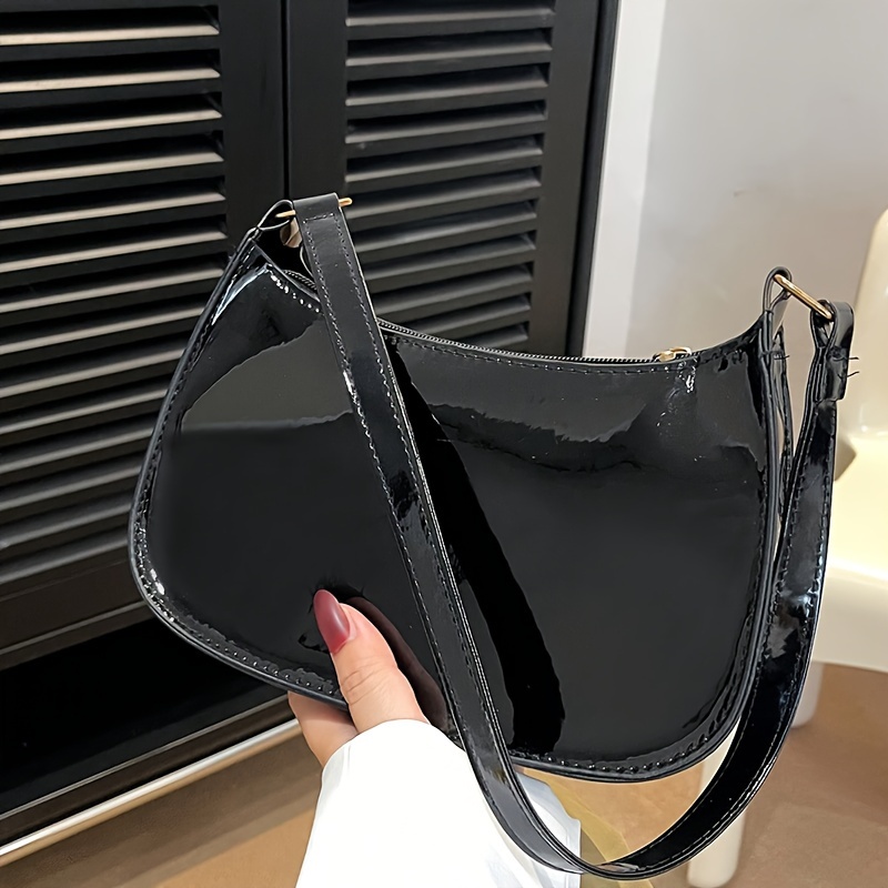 

Elegant Black Shoulder Bag - , Solid Color, Lightweight Underarm Handbag With Zipper Closure And Fixed Strap