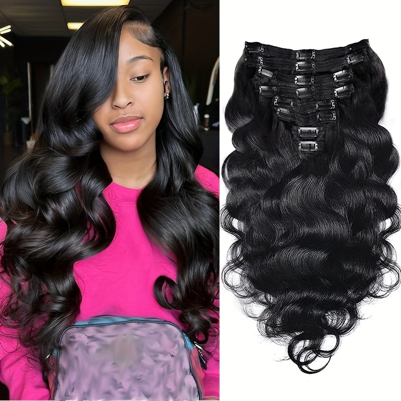 

Body Wave Clip In Hair Extensions For Women 8pcs 18 Clips Human Hair Extensions Thick To Ends Double Lace Black Color 18-26 Inch