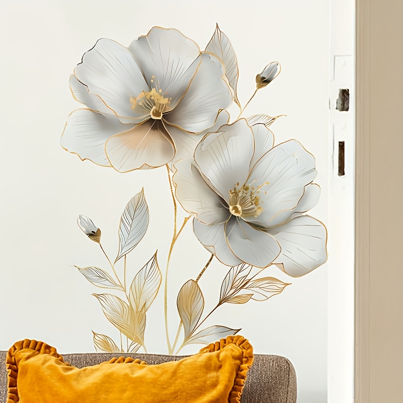 Image of Aesthetic And Minimalist Gold- Silvery Flower Wall Sticker, Decorates Living Room, Bedroom, Study, Kitchen, Dining Room Self-adhesive Painting, Removable Pvc Wall Sticker