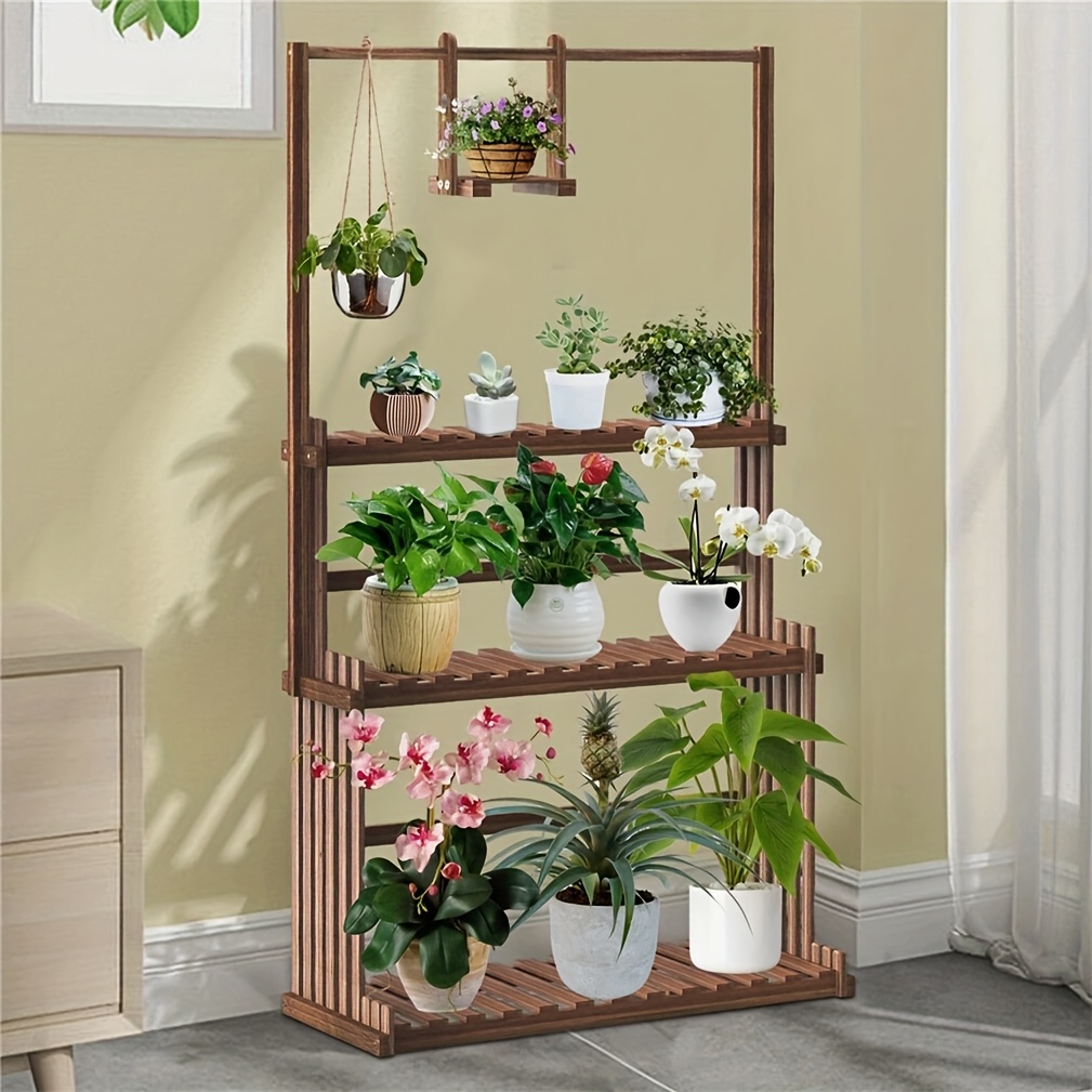 Temu Heavy Duty Hangende Plantenstandaard - 3-Laags Houten Plantenschap Met 6 Haken, Binnen/Buiten Gebruik, Stevige Grenenhout Constructie,-image