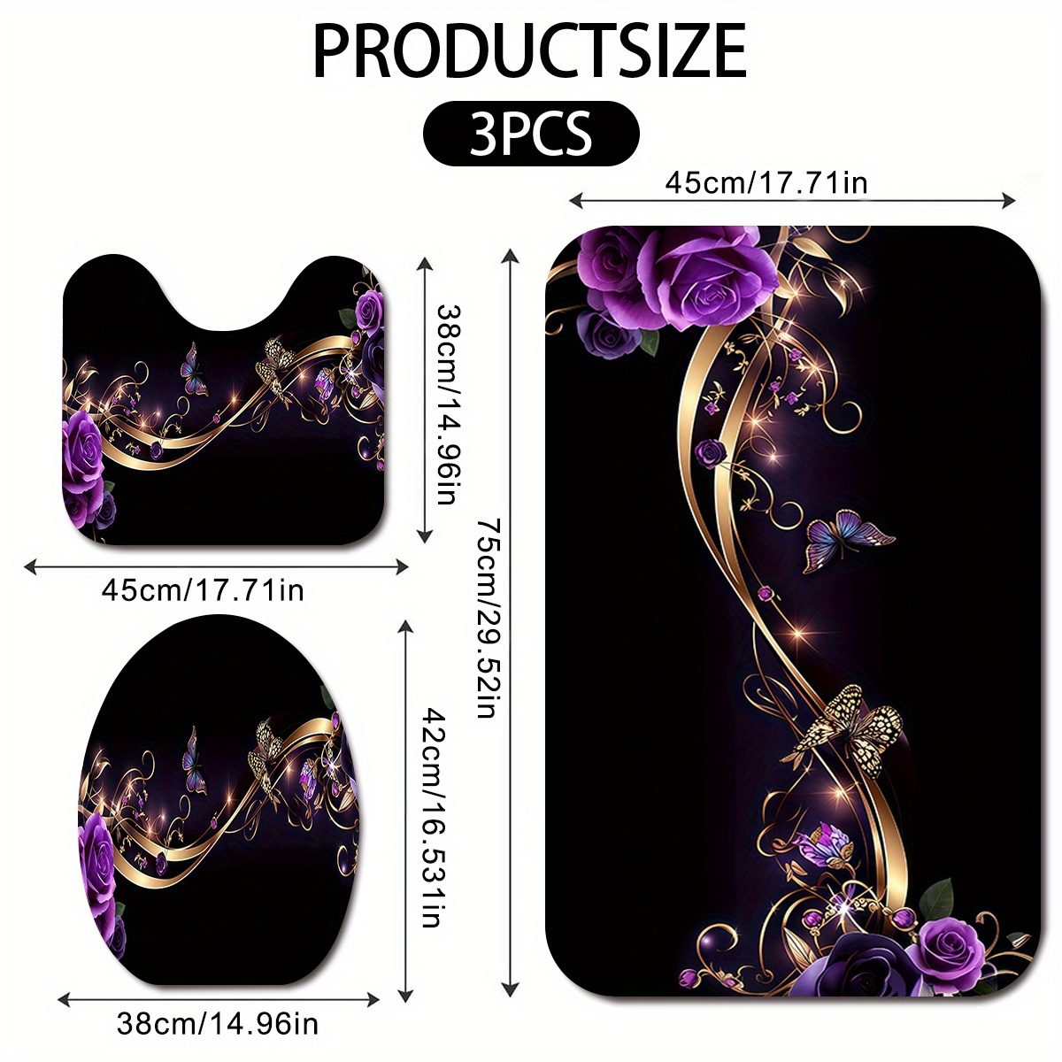 TEMU 3/4pcs Set Modern Creative Golden Stripe Purple Rose Flower Pattern Printed Bathroom Protective Mat.purchase Non Slip Bathroom Mats With Flannel