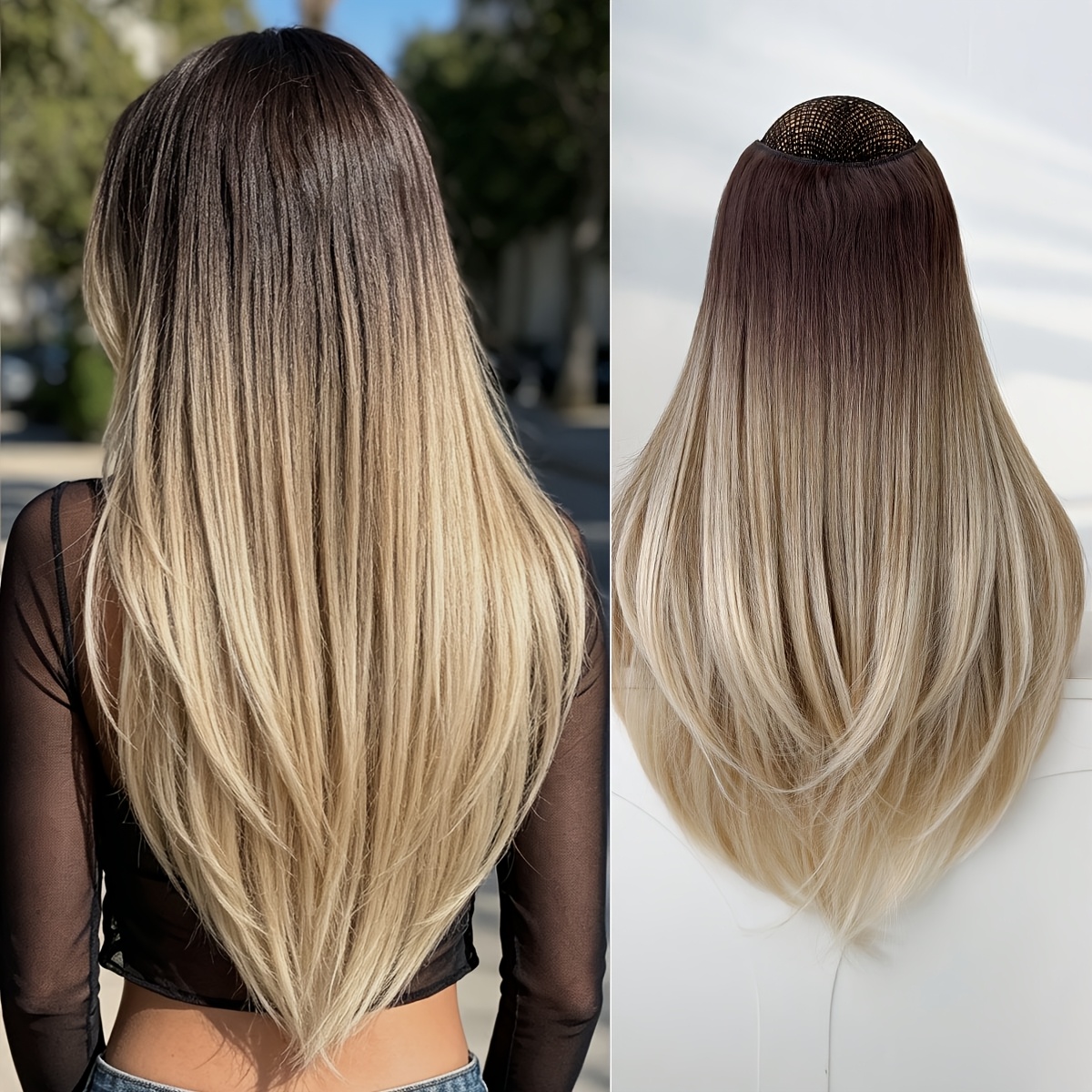 TEMU Clip In Hair Extensions V-shaped , Gradient Wine Red Gradient Brown Gradient, 22 Inch Long Straight Heat-resistant Fiber Synthetic Hairpiece,