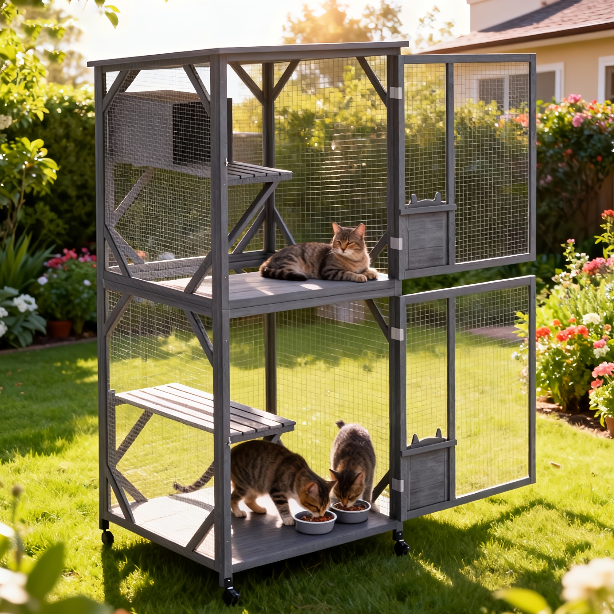 TEMU Advwin 71" Cat House On Wheels | Large Outdoor Cat Enclosures With 2 Doors, Wooden Cat Cage Resting Box, 4 Platforms, Grey