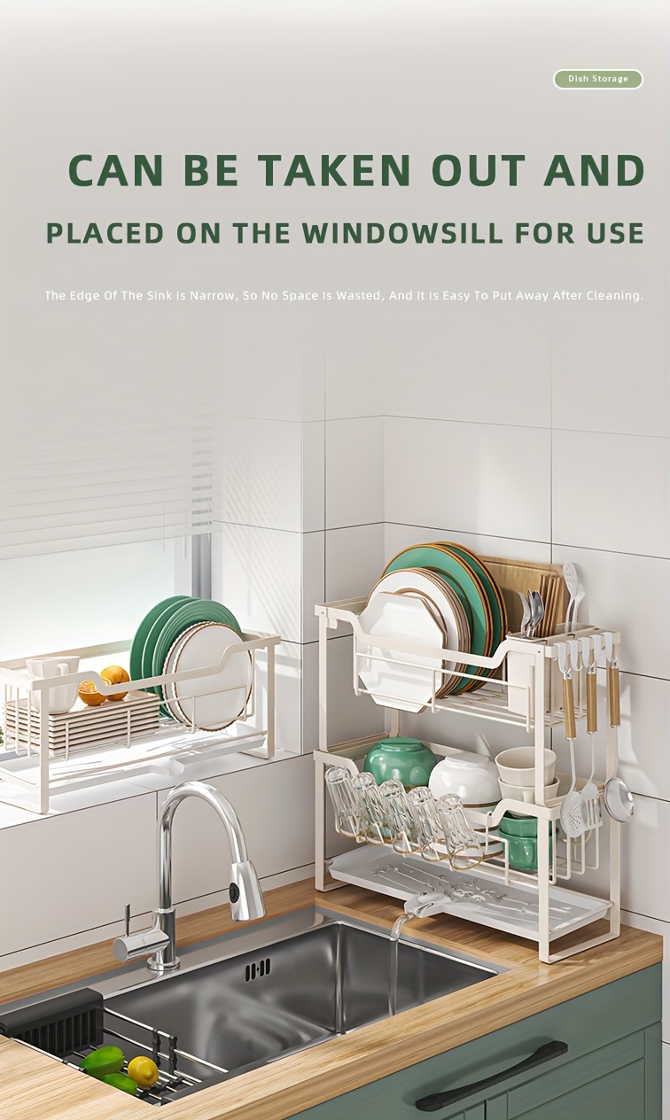 space saving dish rack with drain tray hooks utensil holders multifunctional kitchen organizer for dishes cups knives forks chopsticks Product details 2