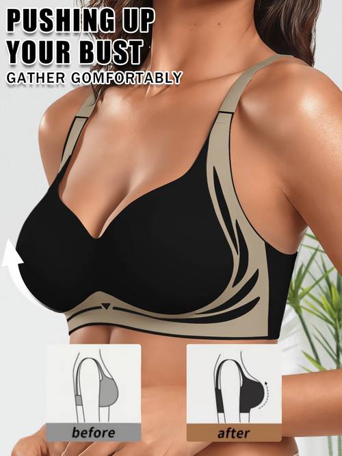 1pc seamless wireless sports bra underwire free supportive sports bra push up non constricting sports lingerie side support bra soft breathable bra adjustable straps non removable padding quick dry contouring contrast colors back closure
