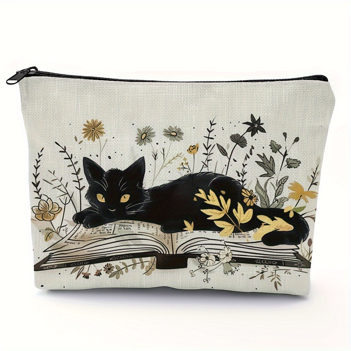 

Polyester Toiletry Bag With Zipper Closure - Casual Style Black Cat & Book Print Hand Washable Makeup Pouch With Large Capacity