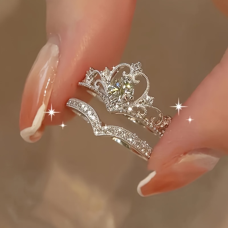 

Elegant Crown Princess-inspired Rhinestone Ring Set, Adjustable Open-end Rings, Alloy Base With Plating, Cute Occasion Jewelry 2-piece Set