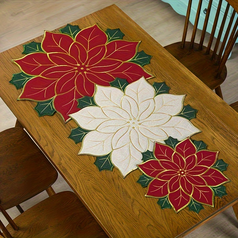 

Christmas Floral Embroidered Placemat With - Waterproof, Oil-resistant, Round Table Mat For Holiday Dining & Decor, Easter & Valentine's Day