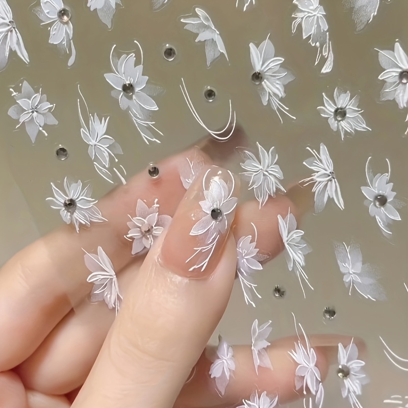 

5d Embossed White Floral Nail Art Stickers - Self-adhesive Diamond Flower Decals For Diy Manicure, Reusable Spring With Sparkle