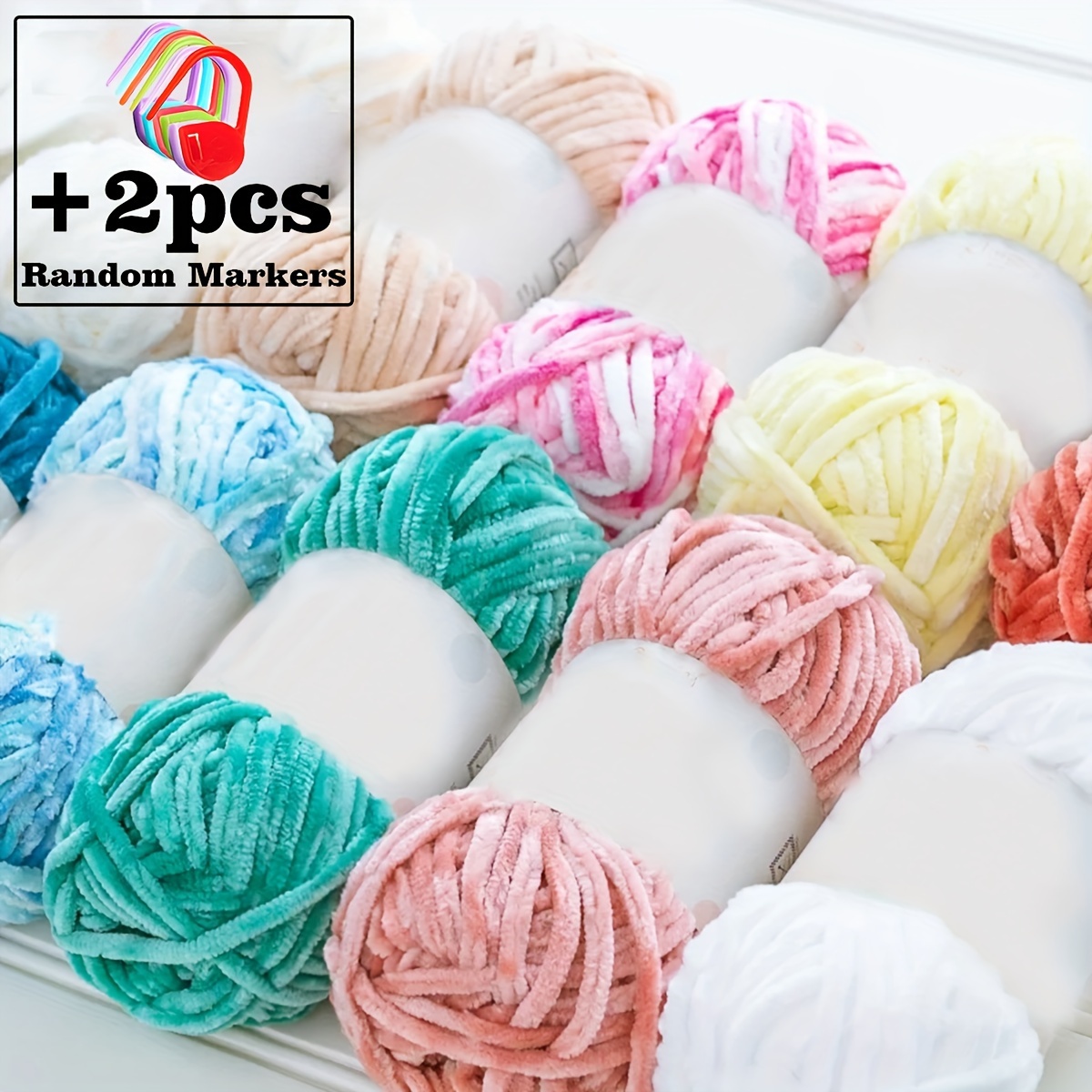 

100g Chenille Yarn Bundle – Soft Thick Yarn For Diy Hand Knitting, Crocheting Blankets And Scarves – Polyester, Includes 2 Random Color Stitch Markers – Variety Pack (white, Red, Black, Beige, Yellow)