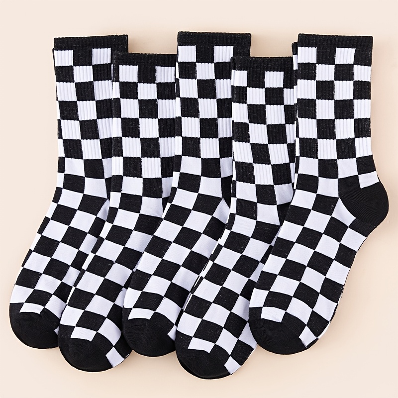 TEMU 5-pair Unisex Black And White Checkerboard/ Versatile Comfortable Casual Thigh-high Socks