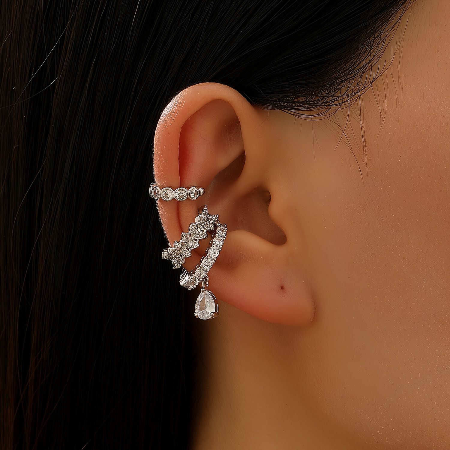TEMU 3pcs Set Of Exquisite Design Inlaid Sparkling Synthetic Zirconia Water Drop Asymmetrical No-piercing Ear Clips Earrings Women's Temperament Cool