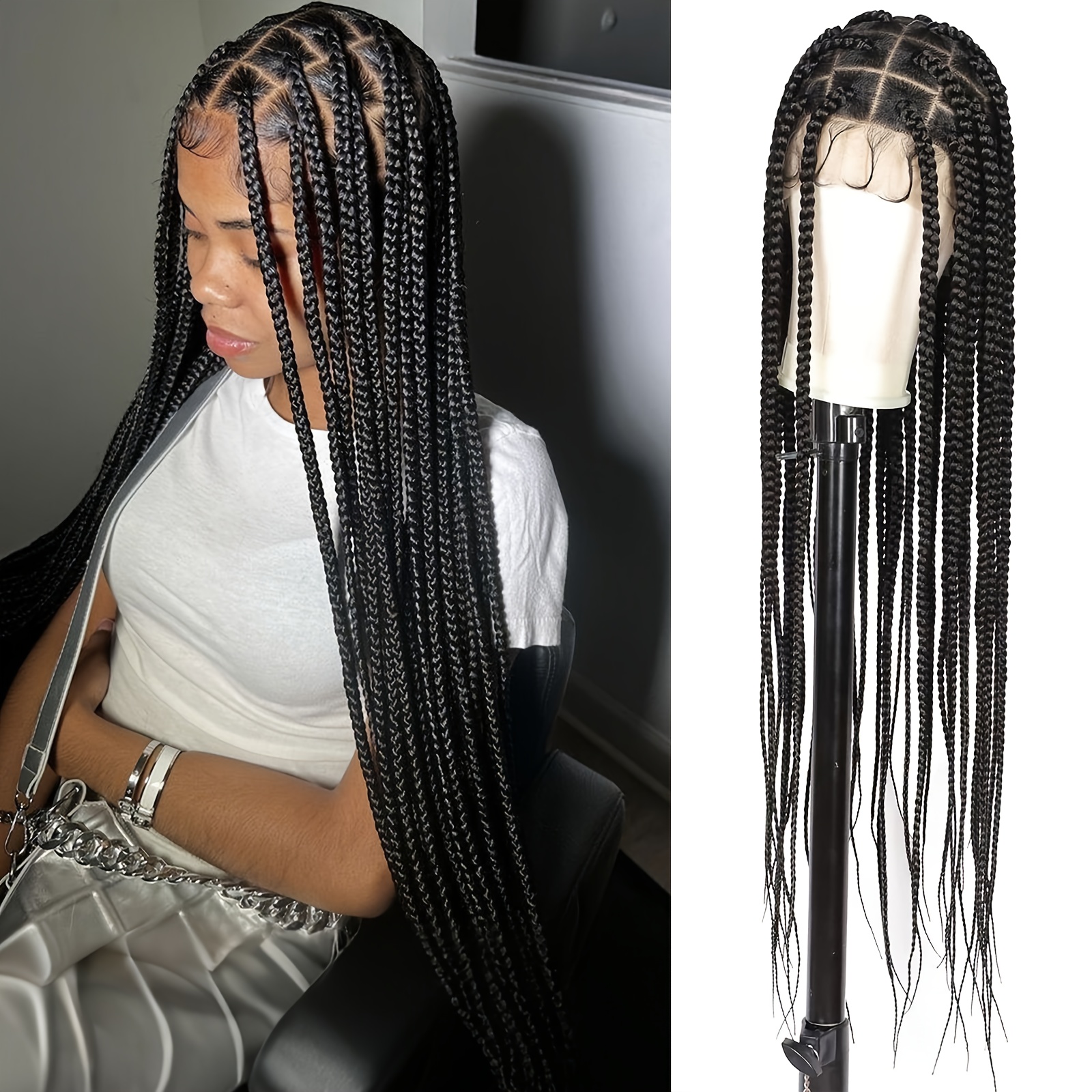 TEMU Full Lace Hand- Lace Front Wig Extra-long Tail Curly Braids Lace Frontal Braided Wigs Curly Braids Wig With For Women