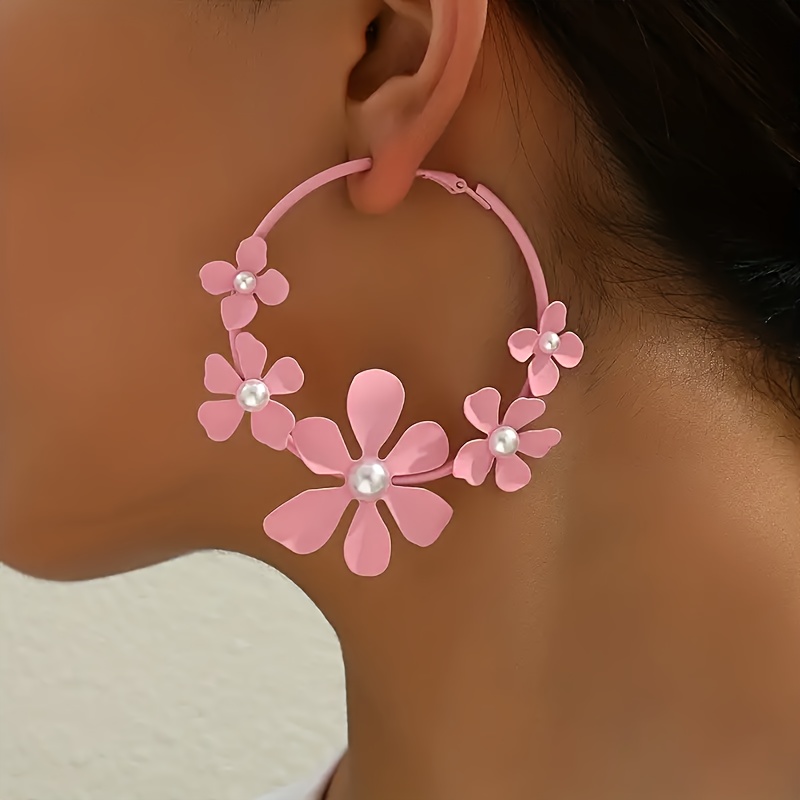 

Chic And Unique Style Hoop Earrings, Pink Flower Faux Pearl Hoop Earrings, Vintage Ethnic Style Earrings Jewelry