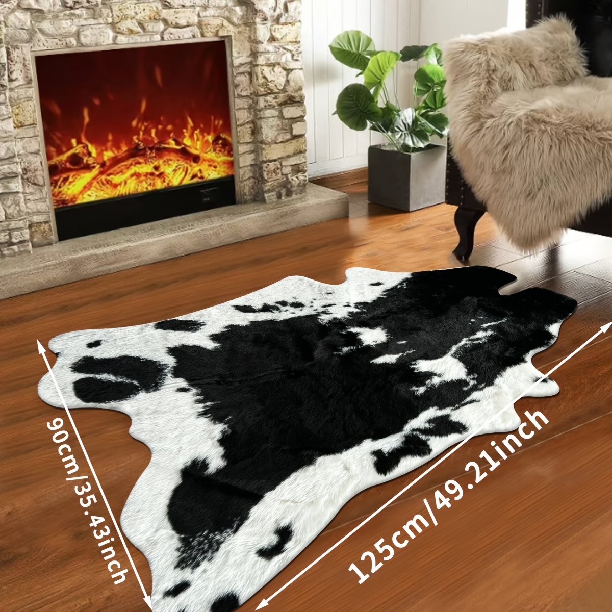 

Luxurious Black Cowhide-inspired Mat - Fur, Machine Washable, Non-slip For Bedroom & Living Room Decor, Shape