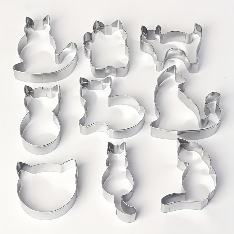TEMU 9pcs/1 Set 3d Cartoon Theme Cat Cookie Cutters, Used To Press Cookie Molds, Cookie Molds, Stainless Steel Dessert Molds, Printing Baking Molds,